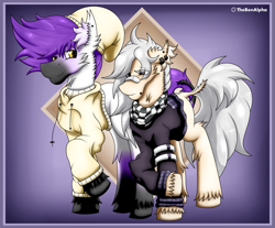 Size: 2417x2005 | Tagged: safe, artist:thebenalpha, oc, oc:maxwell, oc:shiroi, earth pony, pony, art trade, clothes, earth pony oc, high res, simple background