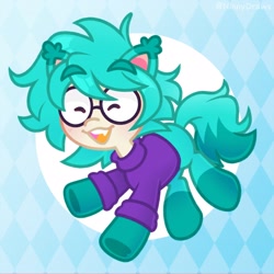 Size: 2480x2480 | Tagged: safe, artist:ninnydraws, oc, oc only, oc:kovox, earth pony, pony, abstract background, blushing, clothes, eyes closed, glasses, high res, male, open mouth, open smile, smiling, solo, sweater