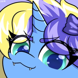 Size: 1500x1500 | Tagged: safe, artist:koapony, oc, oc only, pony, unicorn, >:3, eye clipping through hair, eyebrows, eyebrows visible through hair, fangs, looking at you, solo