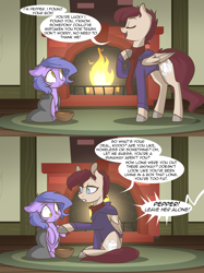 Size: 1280x1708 | Tagged: safe, artist:lolepopenon, oc, oc:billie, oc:pepper, earth pony, pegasus, pony, ask billie the kid, ask, clothes, comic, duo, fireplace, hoodie, scarf