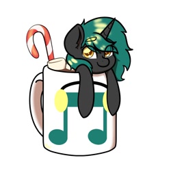 Size: 1500x1500 | Tagged: safe, artist:koapony, oc, oc only, pony, unicorn, candy, candy cane, chocolate, cup, cup of pony, eye clipping through hair, eyebrows, eyebrows visible through hair, food, hot chocolate, looking at you, marshmallow, micro, smiling, solo