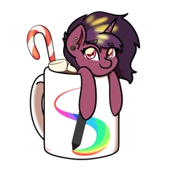 Size: 1500x1500 | Tagged: safe, artist:koapony, oc, oc only, pony, unicorn, candy, candy cane, chocolate, cup, cup of pony, ear piercing, earring, eye clipping through hair, eyebrows, eyebrows visible through hair, food, hot chocolate, jewelry, looking at you, marshmallow, micro, piercing, smiling, solo