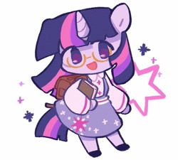 Size: 629x565 | Tagged: safe, artist:y_songmo, twilight sparkle, pony, unicorn, semi-anthro, g4, arm hooves, backpack, book, clothes, cute, dress, female, mare, simple background, skirt, solo, twiabetes, white background