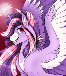 Size: 2600x3000 | Tagged: safe, artist:acry-artwork, oc, oc only, oc:yume shine, alicorn, pony, alicorn oc, bust, commission, high res, horn, portrait, smiling, wings