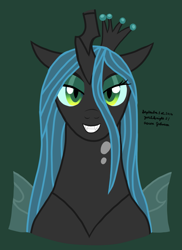 Size: 1275x1755 | Tagged: safe, artist:yoshiknight2, queen chrysalis, changeling, changeling queen, g4, bust, crown, evil smile, female, green background, grin, jewelry, looking at you, mare, regalia, simple background, smiling, solo