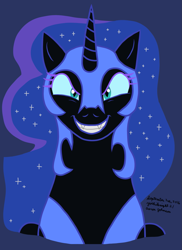 Size: 1275x1755 | Tagged: safe, artist:yoshiknight2, nightmare moon, alicorn, pony, g4, bust, evil smile, fangs, female, grin, looking at you, mare, purple background, signature, simple background, smiling, smiling at you, solo