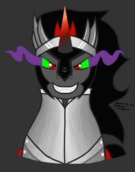 Size: 1382x1755 | Tagged: safe, artist:yoshiknight2, king sombra, pony, unicorn, g4, bust, evil smile, gray background, grin, looking at you, male, simple background, smiling, solo, stallion