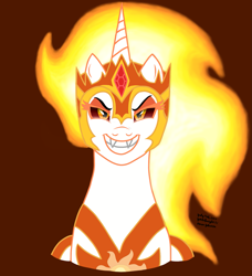 Size: 1751x1924 | Tagged: safe, artist:yoshiknight2, daybreaker, alicorn, pony, g4, bust, evil smile, female, grin, looking at you, mare, red background, simple background, smiling, solo