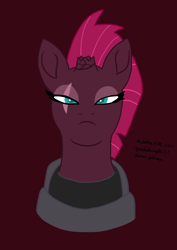 Size: 1240x1753 | Tagged: safe, artist:yoshiknight2, tempest shadow, pony, unicorn, g4, broken horn, bust, female, frown, horn, looking at you, mare, red background, simple background, solo