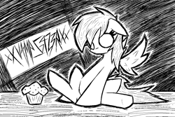 Size: 1036x690 | Tagged: safe, artist:xxv4mp_g4z3rxx, derpy hooves, pegasus, pony, g4, black and white, female, food, grayscale, mare, monochrome, muffin, no iris, no pupils, signature, sketch, solo, spread wings, wings