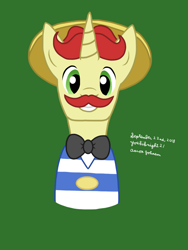 Size: 1320x1753 | Tagged: safe, artist:yoshiknight2, flam, pony, unicorn, g4, bust, green background, grin, looking at you, simple background, smiling, solo