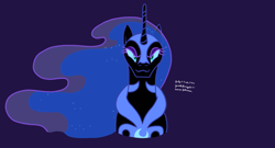 Size: 3256x1753 | Tagged: safe, artist:yoshiknight2, nightmare moon, alicorn, pony, g4, :3, bust, female, looking at you, mare, purple background, simple background, smiling, smirk, solo