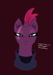 Size: 1240x1753 | Tagged: safe, artist:yoshiknight2, tempest shadow, pony, unicorn, g4, broken horn, bust, female, frown, horn, looking at you, mare, red background, simple background, solo