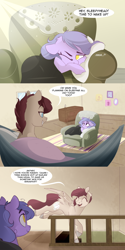 Size: 1280x2562 | Tagged: safe, artist:lolepopenon, oc, oc:billie, oc:pepper, earth pony, pegasus, pony, ask billie the kid, comic, duo, female, filly, foal, hammock, mare