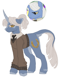 Size: 1000x1000 | Tagged: safe, artist:kazmuun, top marks, pony, unicorn, series:kazmuun's drawing every pony, g4, alternate design, clothes, coat markings, colored eartips, colored eyelashes, colored hooves, curved horn, ears back, eyebrows, eyebrows visible through hair, facial markings, hooves, horizontal pupils, horn, leonine tail, male, necktie, pale belly, ponytail, redesign, screencap reference, simple background, solo, stallion, standing, stripe (coat marking), sweater, tail, transparent background, yellow eyelashes