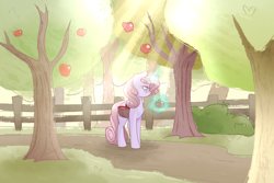 Size: 1280x854 | Tagged: safe, artist:lolepopenon, oc, oc:sweet tales, pony, unicorn, ask billie the kid, apple, apple tree, bag, female, fence, glasses, magic, mare, saddle bag, solo, telekinesis, tree