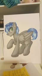 Size: 1152x2048 | Tagged: safe, artist:inkkeystudios, oc, oc only, pegasus, pony, eye clipping through hair, grin, looking at you, photo, smiling, solo, traditional art