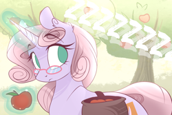 Size: 1280x854 | Tagged: safe, artist:lolepopenon, oc, oc:sweet tales, pony, unicorn, ask billie the kid, apple, apple tree, bag, female, glasses, magic, mare, onomatopoeia, saddle bag, solo, sound effects, telekinesis, tree, zzz