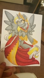 Size: 1152x2048 | Tagged: safe, artist:inkkeystudios, oc, oc only, oc:storm chaser, alicorn, pony, alicorn oc, badge, clothes, dress, eye clipping through hair, horn, jewelry, looking at you, photo, smiling, solo, spread wings, tiara, traditional art, wings