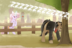 Size: 1280x854 | Tagged: safe, artist:lolepopenon, oc, oc:oliver, oc:sweet tales, pony, unicorn, ask billie the kid, apple, apple tree, bag, duo, female, fence, food, glasses, magic, male, mare, onomatopoeia, saddle bag, sleeping, sound effects, stallion, telekinesis, tree, zzz