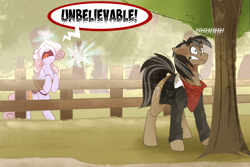 Size: 1280x854 | Tagged: safe, artist:lolepopenon, oc, oc:oliver, oc:sweet tales, pony, unicorn, ask billie the kid, angry, apple, apple tree, bag, duo, female, fence, glasses, magic, male, mare, saddle bag, stallion, telekinesis, tree