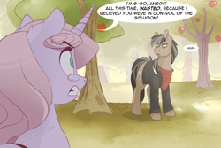 Size: 1280x854 | Tagged: safe, artist:lolepopenon, oc, oc:oliver, oc:sweet tales, earth pony, pony, unicorn, ask billie the kid, apple, apple tree, bag, duo, female, glasses, male, mare, stallion, tree