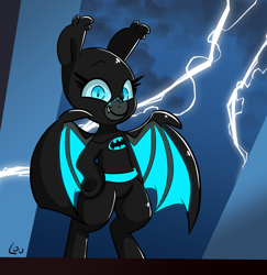 Size: 2032x2088 | Tagged: safe, artist:lou, oc, oc:umbra glow, bat pony, pony, batmare, glowing, high res, latex, lightning, looking at you, night