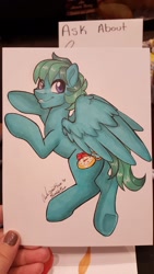 Size: 1152x2048 | Tagged: safe, artist:inkkeystudios, oc, oc only, pony, eye clipping through hair, looking at you, looking back, looking back at you, photo, smiling, solo, spread wings, traditional art, underhoof, wings