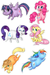 Size: 600x900 | Tagged: safe, artist:bumblebun, applejack, fluttershy, pinkie pie, rainbow dash, rarity, twilight sparkle, alicorn, earth pony, pegasus, pony, unicorn, g4, applefat, bipedal, fat, fattershy, floppy ears, flying, mane six, one eye closed, open mouth, open smile, outline, potato pony, pudgy pie, rainblob dash, raritubby, sitting, smiling, spread wings, sticker, twilard sparkle, twilight sparkle (alicorn), white outline, wings, wink