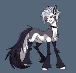 Size: 1959x1881 | Tagged: safe, artist:1an1, demon, demon pony, hellhound, pony, belly fluff, chest fluff, coat markings, collar, countershading, crossover, ear fluff, eyebrows, fangs, fetlock tuft, hellaverse, hellborn, hellhound pony, helluva boss, hooves, long tail, looking at you, loona (helluva boss), male, mohawk, nostrils, ponified, red sclera, rule 63, smiling, smiling at you, socks (coat markings), solo, spiked collar, spine, stallion, tail, white eyes