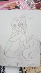 Size: 1152x2048 | Tagged: safe, artist:inkkeystudios, amethyst star, sparkler, oc, oc:tinisparkler, pony, unicorn, g4, bipedal, concentrating, heart, micro, pencil, pencil drawing, photo, tongue out, traditional art