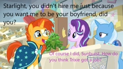 Size: 1280x720 | Tagged: safe, edit, edited screencap, screencap, starlight glimmer, sunburst, trixie, pony, unicorn, a horse shoe-in, g4, bisexual, caption, female, image macro, lesbian, male, mare, polyamory, ship:startrixburst, shipping, stallion, starlight's office, straight, text