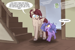 Size: 1280x854 | Tagged: safe, artist:lolepopenon, oc, oc only, oc:billie, oc:pepper, earth pony, pegasus, pony, ask billie the kid, ask, comic, duo, stairs