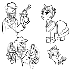 Size: 1280x1198 | Tagged: safe, artist:zan logemlor, oc, oc only, oc:anon, oc:fine wine, human, pony, unicorn, beard, clothes, dress, facial hair, female, grayscale, grin, gun, handgun, hat, horn, human male, male, mare, monochrome, revolver, saloon dress, scar, simple background, smiling, unicorn oc, weapon, white background