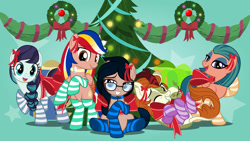 Size: 1024x577 | Tagged: safe, artist:jhayarr23, autumn blaze, coloratura, somnambula, oc, oc:crescend cinnamon, oc:pearl shine, pony, g4, alternate hairstyle, christmas, christmas lights, christmas tree, christmas wreath, clothes, cute, dorky, egyptian, egyptian pony, female, filipino, glasses, holiday, looking at you, nation ponies, philippines, ponified, present, ribbon, socks, striped socks, tree, wreath