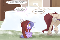 Size: 1280x854 | Tagged: safe, artist:lolepopenon, oc, oc only, oc:billie, oc:pepper, earth pony, pegasus, pony, ask billie the kid, ask, comic, duo, snow