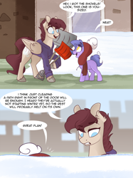 Size: 1280x1708 | Tagged: safe, artist:lolepopenon, oc, oc:billie, oc:pepper, earth pony, pegasus, pony, ask billie the kid, ask, clothes, comic, duo, female, filly, foal, hoodie, scarf, shovel, snow
