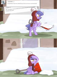 Size: 1280x1708 | Tagged: safe, artist:lolepopenon, oc, oc:billie, earth pony, pony, ask billie the kid, ask, clothes, comic, female, filly, foal, scarf, shovel, snow, solo