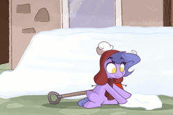 Size: 1280x854 | Tagged: safe, artist:lolepopenon, oc, oc:billie, earth pony, pony, ask billie the kid, animated, clothes, female, filly, foal, gif, scarf, shovel, snow, snowball, solo