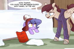 Size: 1280x854 | Tagged: safe, artist:lolepopenon, oc, oc:billie, oc:pepper, earth pony, pegasus, pony, ask billie the kid, ask, clothes, duo, female, filly, foal, hoodie, palindrome get, scarf, snow