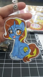 Size: 1152x2048 | Tagged: safe, artist:inkkeystudios, oc, oc only, pony, unicorn, badge, freckles, glasses, looking at you, open mouth, open smile, photo, smiling, solo, traditional art