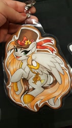 Size: 1152x2048 | Tagged: safe, artist:inkkeystudios, oc, oc only, pegasus, pony, badge, hat, looking at you, open mouth, open smile, photo, smiling, solo, spread wings, steampunk, top hat, traditional art, wings