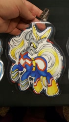 Size: 1152x2048 | Tagged: safe, artist:inkkeystudios, oc, oc only, pony, unicorn, all might, angry, badge, clothes, cosplay, costume, furrowed brow, grin, my hero academia, photo, smiling, solo, superhero, traditional art