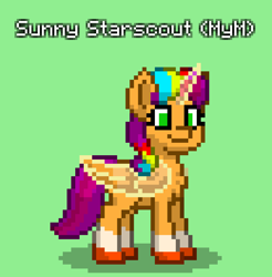 Size: 780x792 | Tagged: safe, sunny starscout, alicorn, pony, pony town, g5, my little pony: make your mark, artificial alicorn, artificial horn, artificial wings, augmented, green background, mane stripe sunny, race swap, simple background, solo, sunnycorn, wings