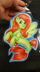 Size: 1152x2048 | Tagged: safe, artist:inkkeystudios, oc, oc only, pony, seapony (g4), badge, dorsal fin, fin, fin wings, fins, fish tail, flowing mane, flowing tail, looking at you, photo, smiling, spread wings, tail, traditional art, wings