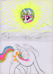 Size: 2881x4000 | Tagged: safe, artist:ja0822ck, princess celestia, alicorn, pony, g4, female, mare, now you're thinking with portals, ponyville, portal, smiling, sun, traditional art, wat, watching