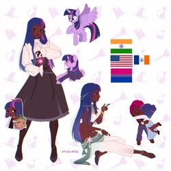 Size: 2048x2048 | Tagged: safe, artist:cryweas, spike, tempest shadow, twilight sparkle, alicorn, human, pony, g4, alternate hairstyle, american flag, anklet, asian, bandaid, belly button, belly piercing, bisexual pride flag, blushing, bracelet, clothes, curved horn, cute, dark skin, denim, ear piercing, earring, eye scar, eyes closed, eyeshadow, facial scar, feet, female, gloves, heart, high heels, high res, horn, hug, humanized, india, indian, jeans, jewelry, lesbian, lipstick, magic, makeup, male, mare, midriff, monocle, pants, piercing, pride, pride flag, ring, sandals, scar, ship:tempestlight, shipping, shirt, shoes, simple background, skirt, socks, stockings, sweater, tank top, tattoo, thigh highs, twiabetes, twilight sparkle (alicorn), wall of tags, white background