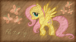 Size: 1920x1080 | Tagged: safe, artist:jamey4, fluttershy, pegasus, pony, g4, cutie mark, female, gradient background, looking at you, mare, name, smiling, smiling at you, solo, spread wings, wallpaper, wings