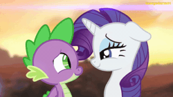 Size: 600x338 | Tagged: safe, artist:georgegarza01, rarity, spike, dragon, pony, unicorn, g4, animated, boop, cute, daaaaaaaaaaaw, duo, eyes closed, female, floppy ears, gif, lidded eyes, looking at each other, looking at someone, loving gaze, male, noseboop, nuzzling, raribetes, romance, romantic, ship:sparity, shipping, smiling, spikabetes, straight, sunset, winged spike, wings, youtube link