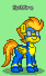 Size: 504x816 | Tagged: safe, spitfire, pegasus, pony, pony town, g4, clothes, goggles, green background, simple background, solo, uniform, wonderbolts uniform